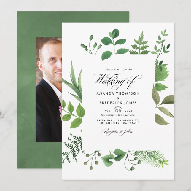 Woodland Forest Greenery Wedding Photo Invitation (Front/Back)