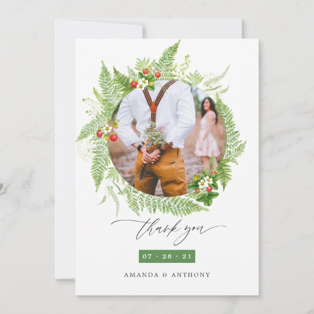 Woodland Forest Greenery Wedding Photo Thank You Card (Front)