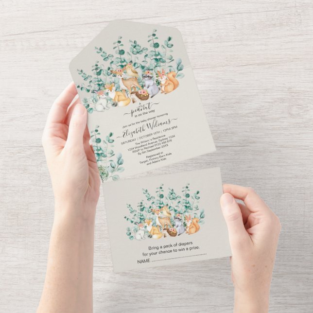 Woodland Forest Greenery Wild Animals Baby Shower All In One Invitation (Tearaway)