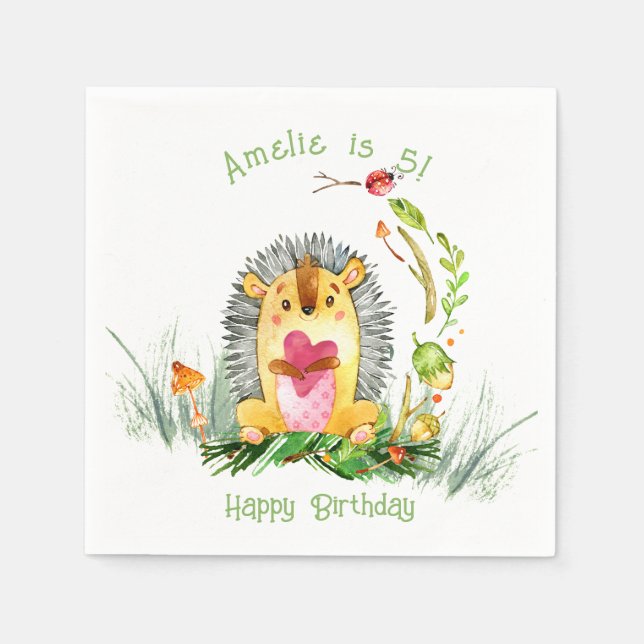 Woodland Forest Hedgehog Cute Birthday Napkins (Front)