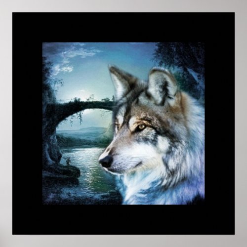 woodland forest moonlight full moon wolf poster