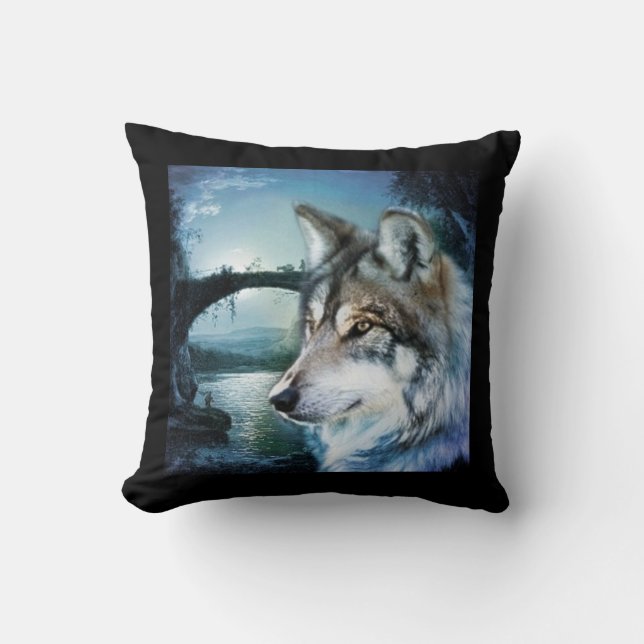 woodland forest moonlight full moon wolf throw pillow (Front)