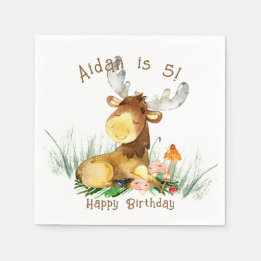 Woodland Forest Moose Cute Birthday  Napkins