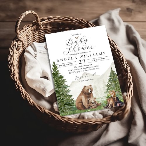 Woodland Forest Mountai Bear Baby Shower Invitation