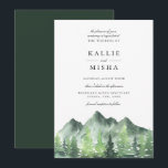 Woodland Forest Mountains Wedding Invitation<br><div class="desc">Rustic chic watercolor woodland forest trees and mountain range scene,  wedding invitation. Modern and simple typography design style template. Back of card features coordinating solid dark forest green color.</div>