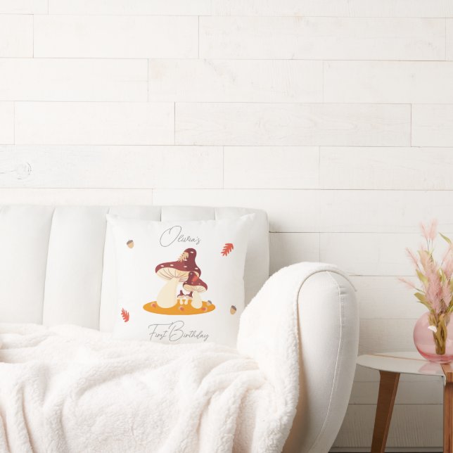 Woodland Forest Mushroom First Birthday  Throw Pillow (Couch)