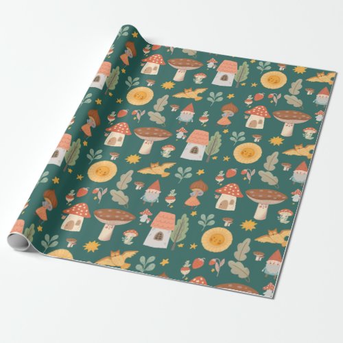 Woodland forest mushroom wrapping paper