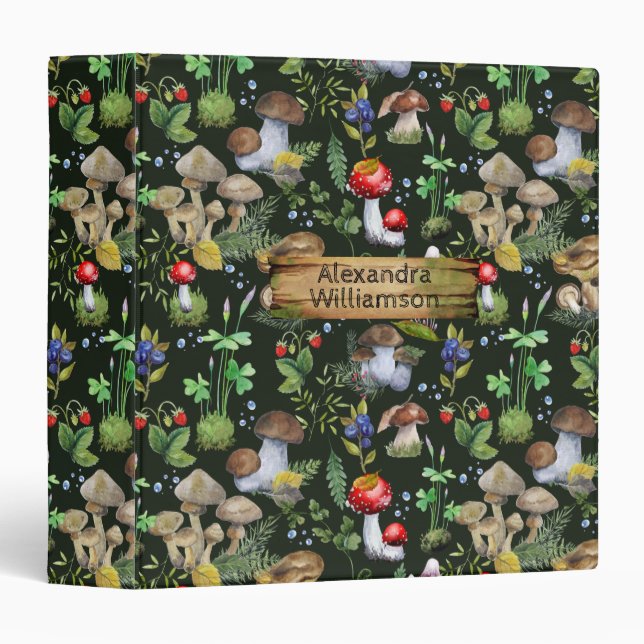 Woodland Forest Mushrooms Berries Plants Moss Text 3 Ring Binder (Front/Spine)