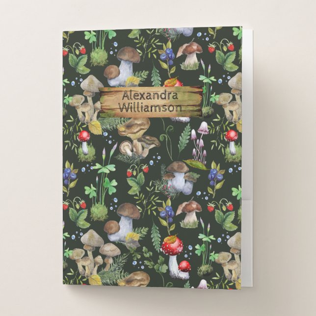 Woodland Forest Mushrooms Berries Plants Moss Text Pocket Folder (Front)