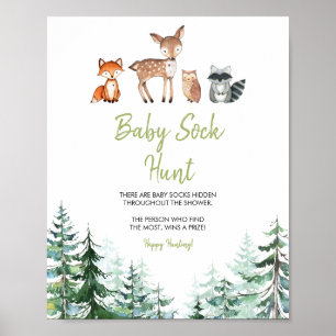 Woodland Forest Oh Boy Baby Shower Baby Sock Hunt Poster