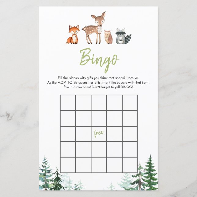 Woodland Forest Oh Boy Baby Shower Bingo Game (Front)