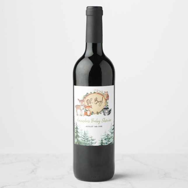 Woodland Forest Oh Boy Baby Shower Wine Label (Front)