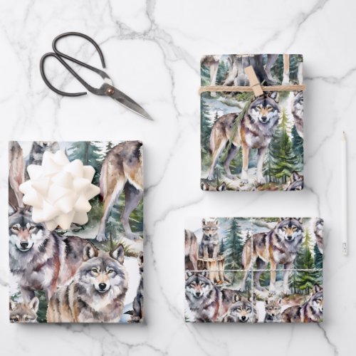 Woodland Forest Pack Of Wolves Wrapping Paper Sheets