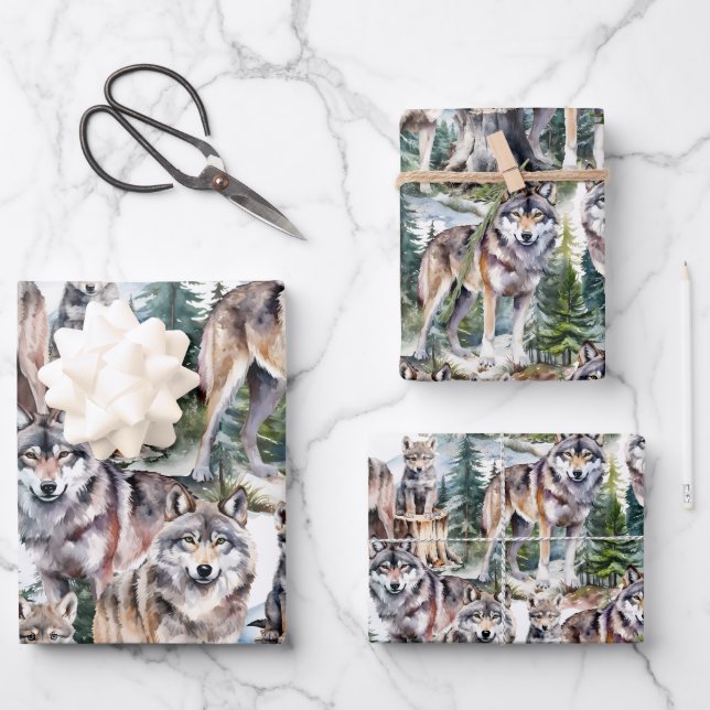 Woodland Forest Pack Of Wolves Wrapping Paper Sheets (Front)