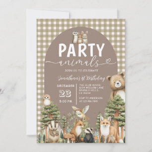 Woodland Forest Party Animals 1st Birthday Gingham Invitation
