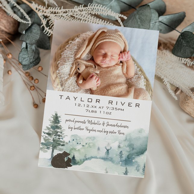 Woodland Forest Pine Bear Photo Birth Announcement (Creator Uploaded)