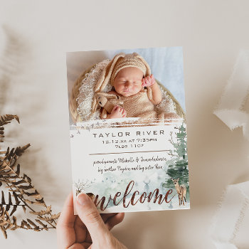Woodland Forest Pine Deer Photo Birth Announcement by MaggieMart at Zazzle