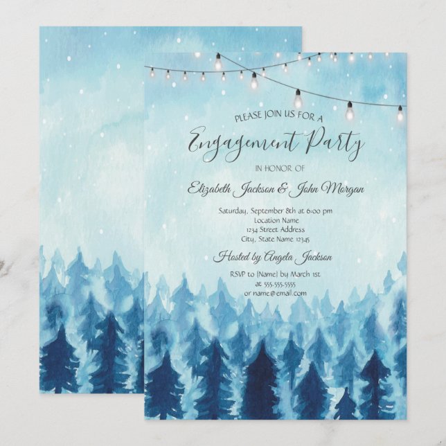 Woodland,Forest,Pine Trees Blue Engagement  Invitation (Front/Back)