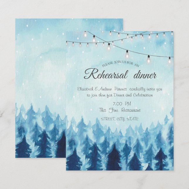 Woodland,Forest,Pine Trees Blue Rehearsal Dinner Invitation (Front/Back)