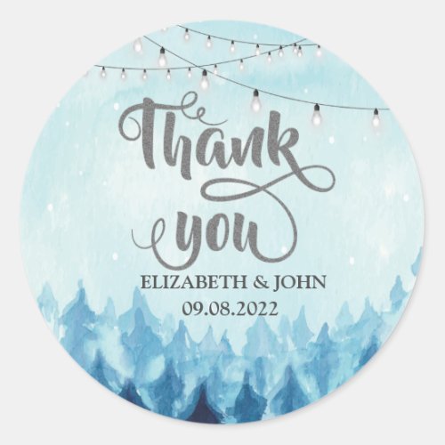 WoodlandForestPine Trees Blue Thank You Wedding  Classic Round Sticker