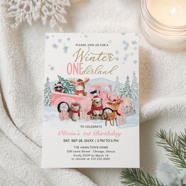 Woodland Forest Pink Truck ONEderland 1st Birthday Invitation (Creator Uploaded)