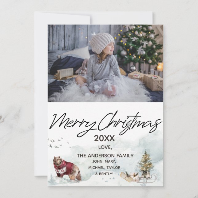 Woodland Forest Sled Bear Photo Merry Christmas Holiday Card (Front)