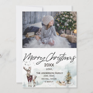 Woodland Forest Sled Deer Photo Merry Christmas Holiday Card
