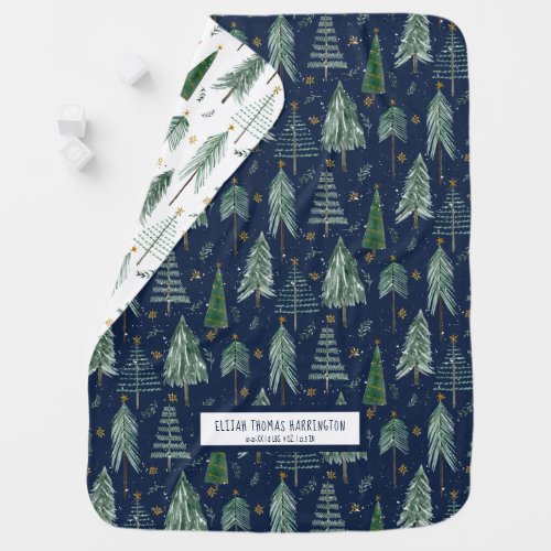 Woodland Forest Snowing Navy Blue Baby Birth Stats Baby Blanket
