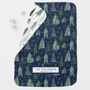 Woodland Forest Snowing Navy Blue Baby Birth Stats Blanket