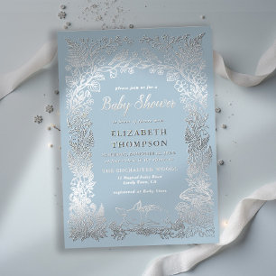 Woodland Forest Storybook Blue Winter Baby Shower Foil Invitation