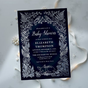 Woodland Forest Storybook Navy Winter Baby Shower Foil Invitation