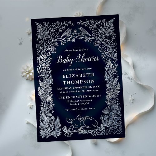Woodland Forest Storybook Navy Winter Baby Shower Foil Invitation