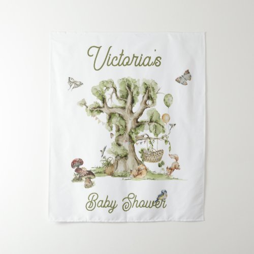 Woodland Forest Tree Cradle Animals Baby Shower Tapestry