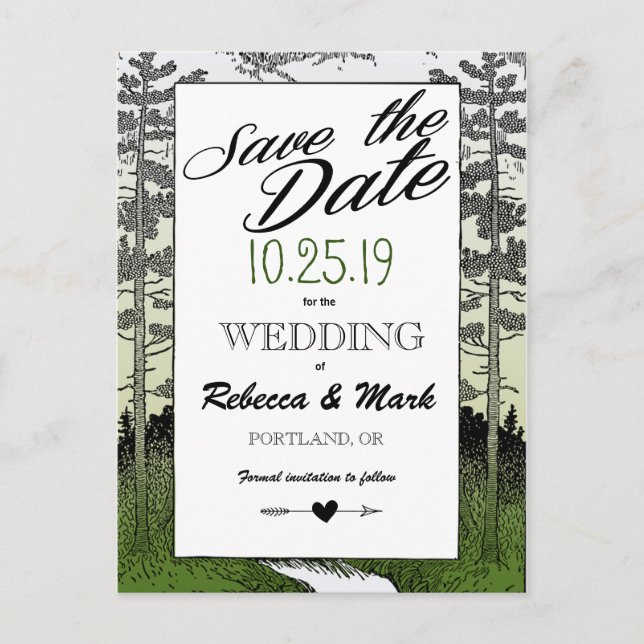 Woodland Forest Trees Mountain Save The Date Announcement Postcard (Front)