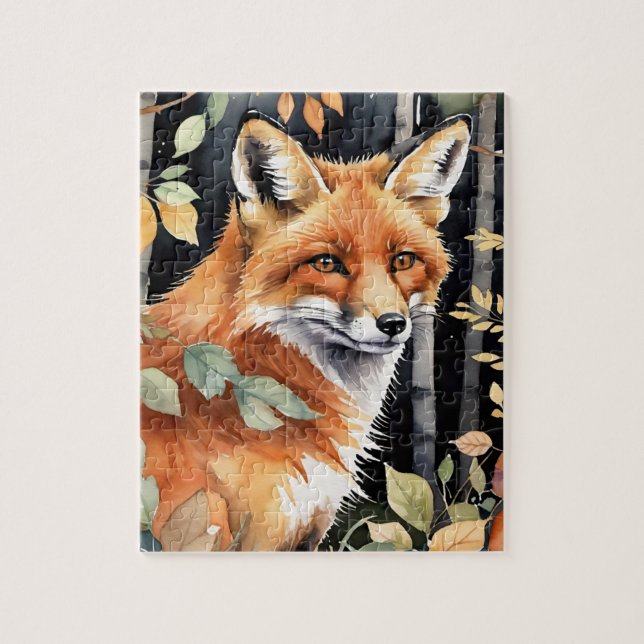 Woodland Forest Watercolor Fox Fall Autumn Jigsaw Puzzle (Vertical)