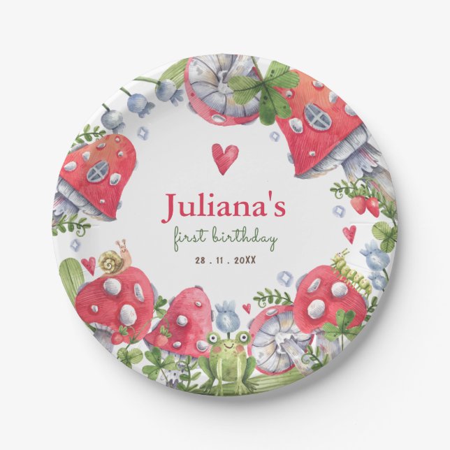 Woodland Forest Watercolor Mushroom Kids Birthday Paper Plates (Front)