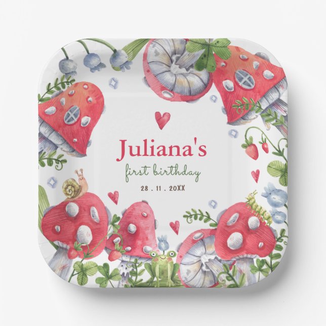 Woodland Forest Watercolor Mushroom Kids Birthday Paper Plates (Front)