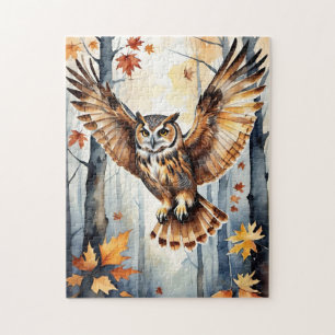 Woodland Forest Watercolor Owl Fall Animal Jigsaw Puzzle