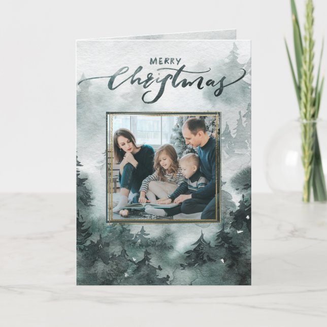 Woodland Forest | Watercolor Photo Christmas Card (Front)