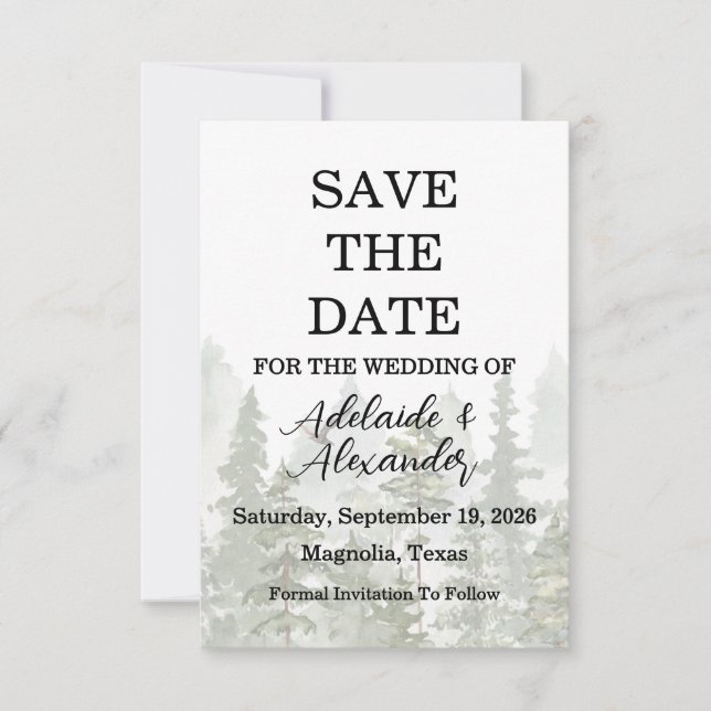 Woodland Forest Wedding Green Save The Date (Front)