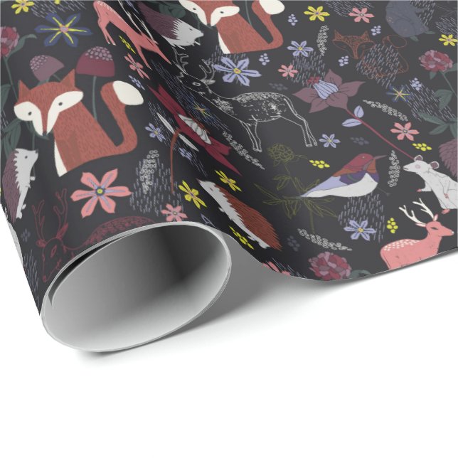 Woodland Forest Wild Animals Nature Black Wrapping Paper (Roll Corner)