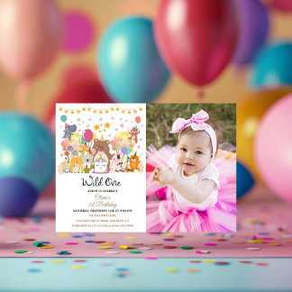 Woodland Forest Wild One Girl 1st Birthday Party Invitation
