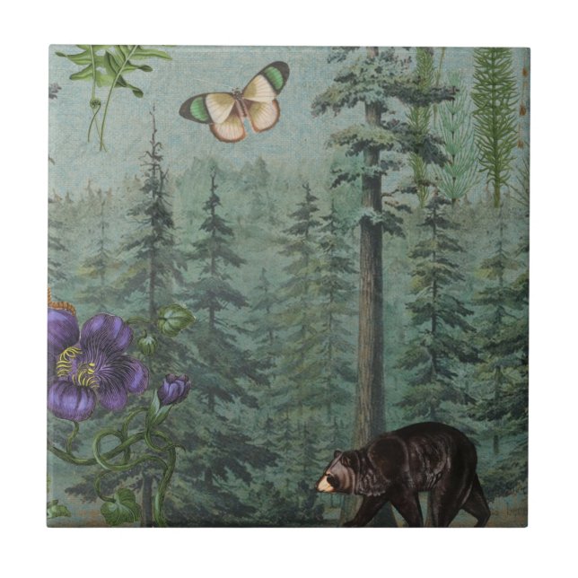 Woodland Forest Wildlife Bear, Butterfly, Nature S Ceramic Tile (Front)