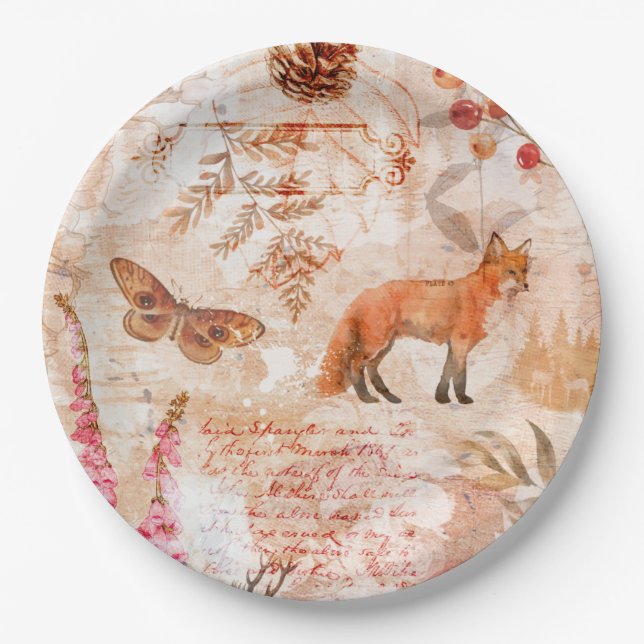 Woodland Forest Wildlife Fox Deer Autumn Paper Plates (Front)