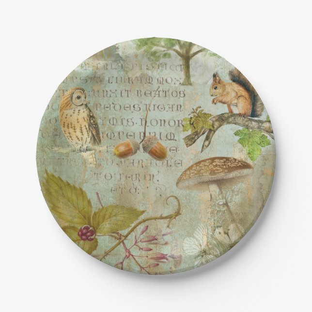 Woodland Forest Wildlife Squirrel, Owl, Autumnal Paper Plates (Front)
