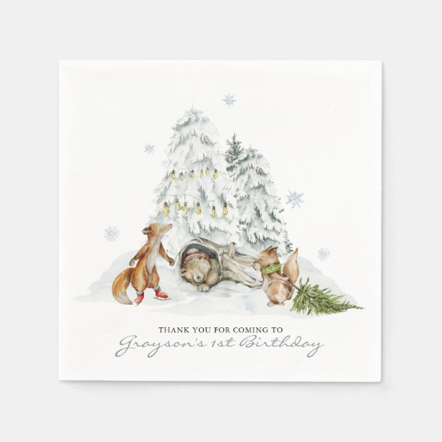 Woodland Forest Winter Christmas Birthday Party Napkins (Front)