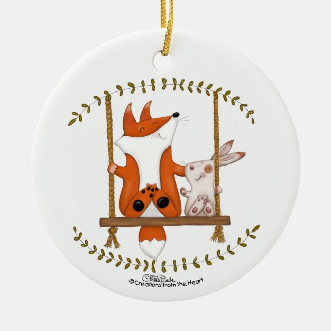 Woodland Fox and Bunny Swing Ceramic Ornament (Front)