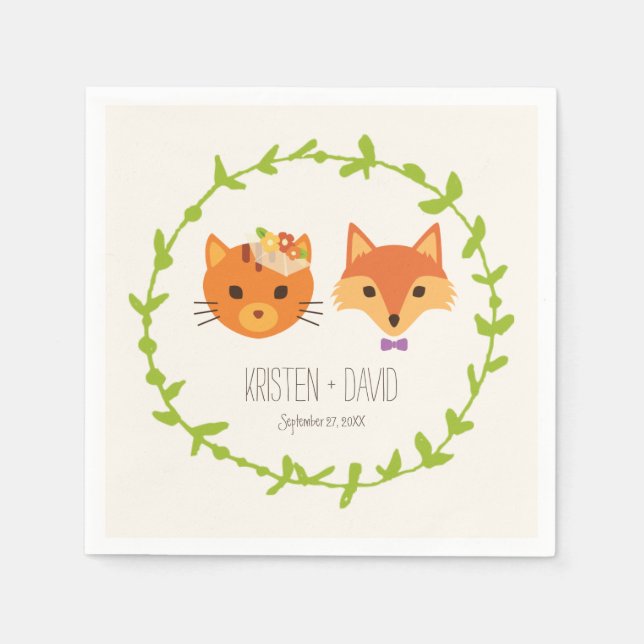 Woodland Fox and Cat Rustic Wedding Napkins (Front)