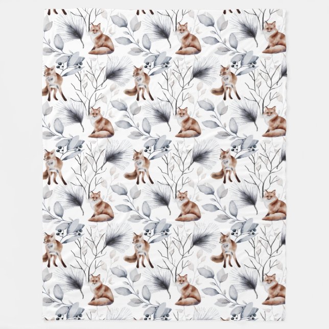 Woodland Fox and Gray and Silver Foliage Fleece Blanket (Front)
