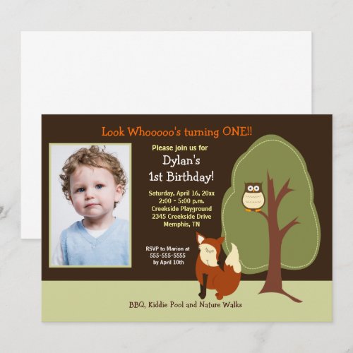 Woodland Fox and Owl *PHOTO* Birthday 5x7 Custom Announcements